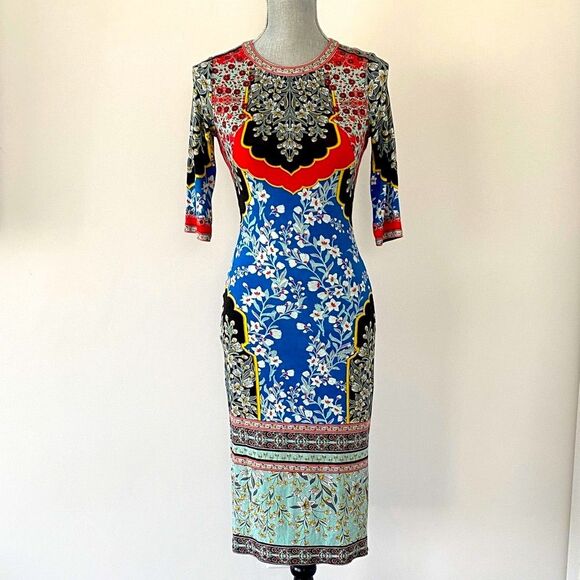 Alice + Olivia FLORAL CREWNECK MIDI DRESS size 2 Stretch Boho Feminine Vacation - Picture 1 of 16